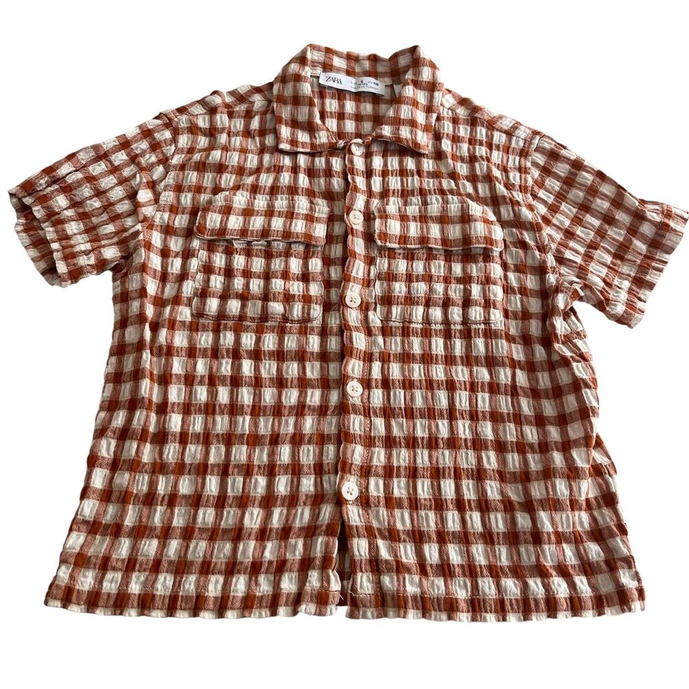 Zara Boys Brown Ecru Gingham Check Plaid  Short Sleeve Button Up Shirt size 5